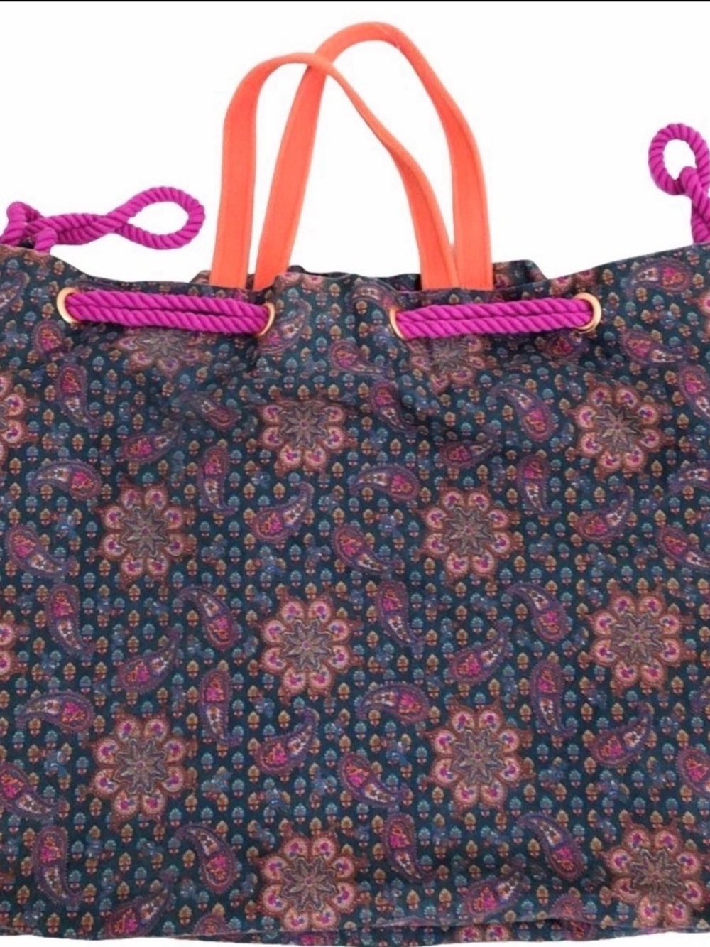 Marc Jacobs XL Boho Paisley Tote Bag with Purple Rope & Orange Handles EUC
